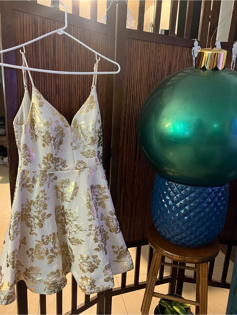 Macy's White Slip Dress with Gold Floral Jacquard